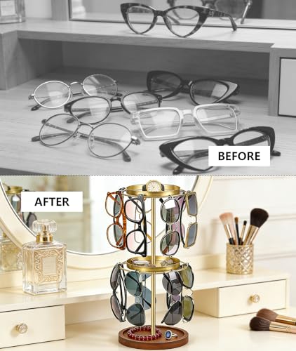 360° Rotating Double-layer Sunglasses Organizer - Stainless Steel Glasses Holder for Multiple Eyeglasses with Tray, Space-Saving Eyewear Storage Stand (Gold)