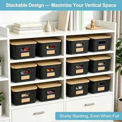 Small Plastic Storage Bins with Bamboo Lids 5.2qt Stackable Box Basket Pantry Decorative Containers Cute with Lable for Organizing Desktop Closet Office Black of 6 packs 10 * 7.2 * 4.1"