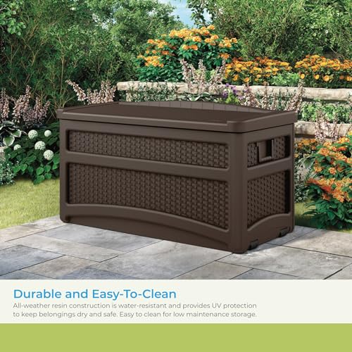 Suncast Durable 73 Gallon Outdoor Resin Storage Chest with Handles, Wheels, and Seat for Patio, Garden, or Pool for Indoor and Outdoor Use, Java