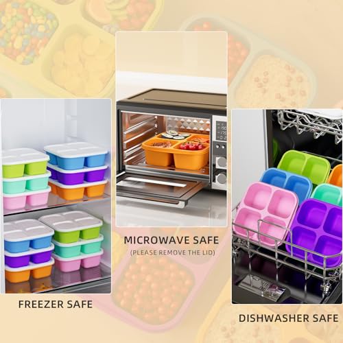 KEMETHY 6 Pcs Bento Snack Containers, Reusable 4 Compartment Food Storage Container with Lids, Divided Lunchable Container, Freezer, Microwave & Dishwasher Safe (6 Color)