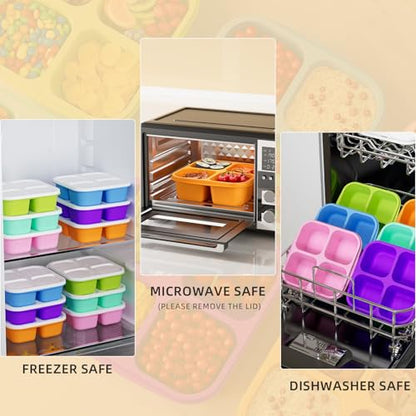 KEMETHY 6 Pcs Bento Snack Containers, Reusable 4 Compartment Food Storage Container with Lids, Divided Lunchable Container, Freezer, Microwave & Dishwasher Safe (6 Color)