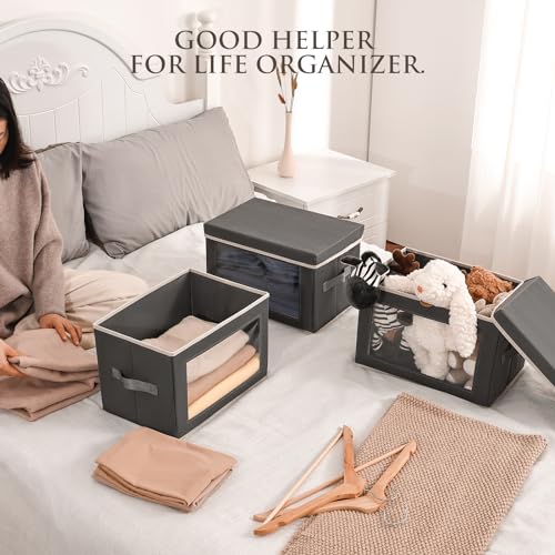 Storage Bins with Lids - Fabric Storage Boxe with Window, Collapsible Closet Organizers with Handles, 3 Pack Decorative Bin, Home Cubes Baskets for Clothes, Hat, Books, Dark Grey
