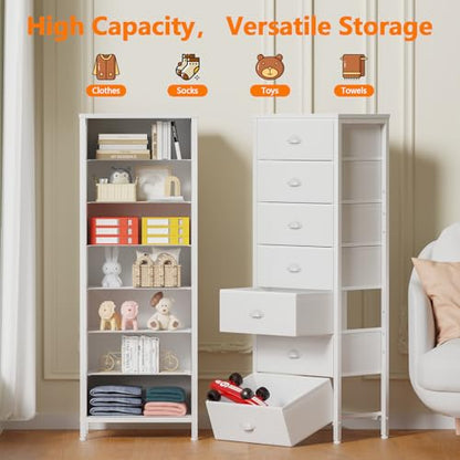 White Tall Dresser for Bedroom, Chest of Drawer with Fabric Drawer | Tall Skinny Dresser with 7 Drawers, Metal Frame, Wooden Top, Dorm Vertical Closet, Bedside Furniture in Living Room