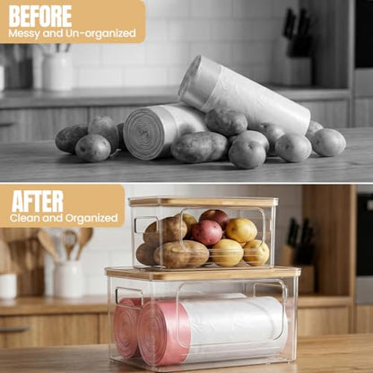 2 Pack Trash Bag Dispenser with Anti-Slip Pads (XL+S) - Stackable Garbage Bag Dispenser with Bamboo Lid and Anti-Slip Bottom, Laundry Room, Pantry, Under Sink Organizer and Storage