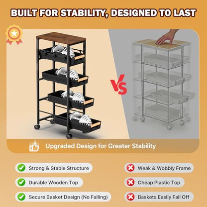 Slim Storage Cart with Wheels, Narrow Kitchen Rolling Cart, Black | 5-Tier Skinny Rolling Cart with Wooden Top & Lockable Wheels, Storage Organizer for Bathroom, Laundry Room, Narrow Space