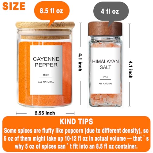 GPOVVIMX 12 Pcs Glass Spice Jars with Bamboo Airtight Lids and 191 Labels - 8.5oz Small Food Storage Containers for Kitchen, Seasoning, Coffee, Herb - Spoon and Marker Included