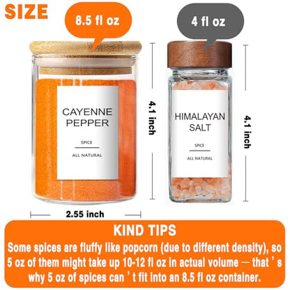 GPOVVIMX 12 Pcs Glass Spice Jars with Bamboo Airtight Lids and 191 Labels - 8.5oz Small Food Storage Containers for Kitchen, Seasoning, Coffee, Herb - Spoon and Marker Included