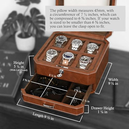 ROTHWELL 6 Slot Leather Watch Box with Valet Drawer - Luxury Case Display Organizer, Microsuede Liner, Locking Mens Jewelry Watches Holder, Men's Watch Storage Large Glass Top (Tan/Brown)