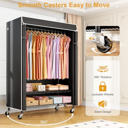 P6C Plus Rolling Clothes Rack with Cover, Covered Clothing Rack | Portable Closets for Hanging Clothes, Heavy Duty Garment Rack on Wheels, Black Closet Rack with Black Cover, Max Load 375LBS