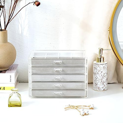 ProCase Earring Holder Organizer Jewelry Box with 5 Drawers, Grey | Acrylic Clear Jewelry Organizers, Stud Earring Storage Box with Adjustable Velvet Trays, Women Girls Christmas Birthday Gifts