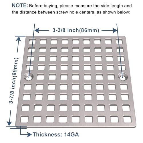 3-7/8" Brushed Nickel Square Shower Drain Cover for Floor Drain | Square Floor Drain Cover Replacement, SUS304 Stainless Steel Hair Catcher, Drain Strainer for Bathroom Shower & Kitchen Floor