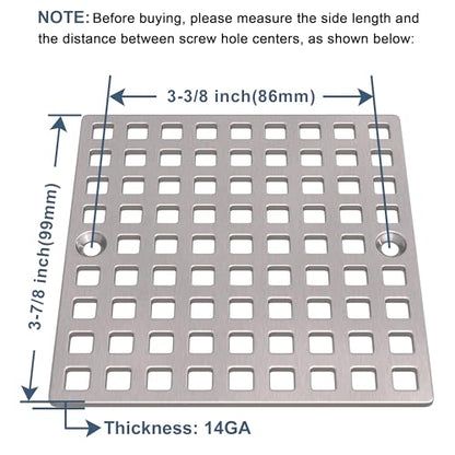 3-7/8" Brushed Nickel Square Shower Drain Cover for Floor Drain | Square Floor Drain Cover Replacement, SUS304 Stainless Steel Hair Catcher, Drain Strainer for Bathroom Shower & Kitchen Floor