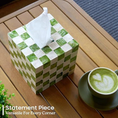 5.5" Capiz Checkered Square Tissue Box Cover, Pistachio Green | Handmade Decorative Tissue Holder With Capiz Shell Inlay, Cute Green Tissue Box Cover For Kleenex For Bathroom, Coffee Table
