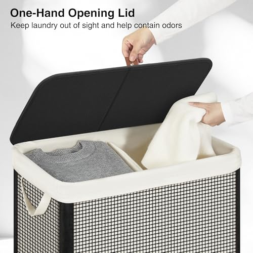 Double Laundry Hamper with Lid, 140L Large 2 Section Laundry Sorter, Laundry Basket with Removable Washable Canvas Liner Bag, Breathable Clothes Hamper for Bedroom Bathroom Laundry Room Closet