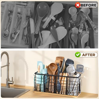 Nigelia 4 Compartments Extra Large Kitchen Utensil Holder with Wooden Base, Metal Organizer for Kitchen Countertop, Matte Black Cooking Utensils Holder with 4 Hooks for Tools Storage