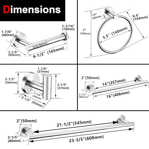 6 Pieces Brushed Nickel Bathroom Hardware Accessories Set Hand Towel Ring 16&23.6 inch Round Towel Bar Silver Toilet Paper Holder Towel Hooks 2 Pieces SUS 304 Stainless Steel,Heavy Duty,Wall Mounted