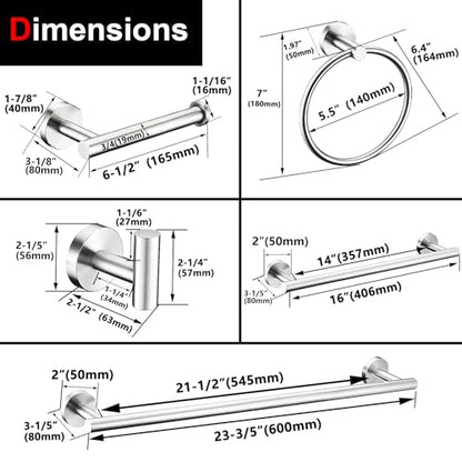 6 Pieces Brushed Nickel Bathroom Hardware Accessories Set Hand Towel Ring 16&23.6 inch Round Towel Bar Silver Toilet Paper Holder Towel Hooks 2 Pieces SUS 304 Stainless Steel,Heavy Duty,Wall Mounted