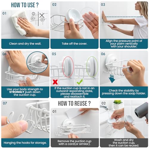 TAILI Soap Holder, Soap Dish Suction Cup with Hooks, Stainless Steel, White | Soap Dish for Shower, Bathroom Bar soap holder Shower Wall, Stainless Steel Sponge Holder for Tub Kitchen