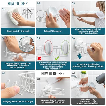 TAILI Soap Holder, Soap Dish Suction Cup with Hooks, Stainless Steel, White | Soap Dish for Shower, Bathroom Bar soap holder Shower Wall, Stainless Steel Sponge Holder for Tub Kitchen