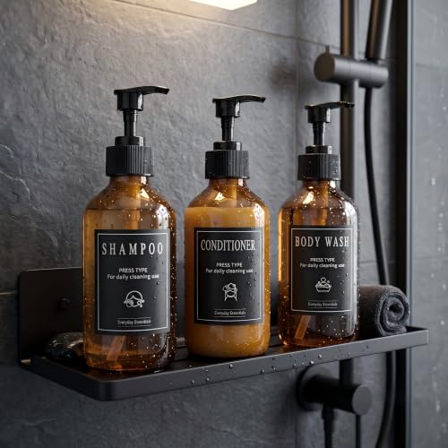 12 Pack 16oz Amber Glass Bottles with Pump Dispensers | Refillable Soap Dispensers for Shampoo, Conditioner, Lotion & Body Wash, Bathroom & Kitchen, Includes 2 Funnels & 12 Labels
