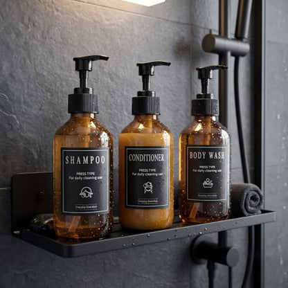 12 Pack 16oz Amber Glass Bottles with Pump Dispensers | Refillable Soap Dispensers for Shampoo, Conditioner, Lotion & Body Wash, Bathroom & Kitchen, Includes 2 Funnels & 12 Labels