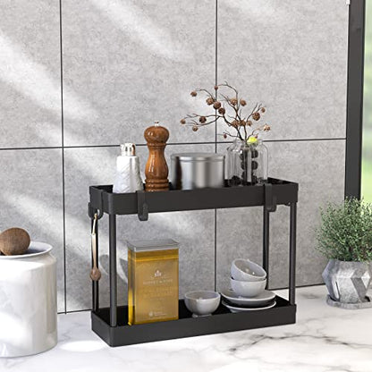 Simple Houseware 2-Tier Under Sink Organizer Storage Tray with Hooks, Black
