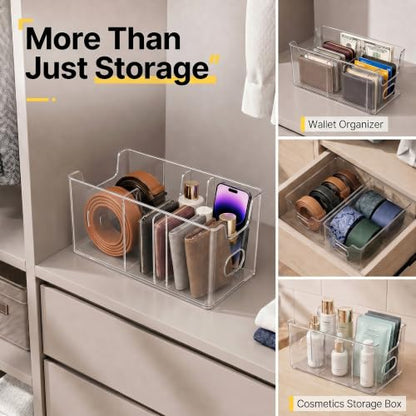Clear Acrylic Belt Organizer 2 Pack, Stackable Belt Holder with 5 Removable Dividers & Built-in Handles, Multi-Purpose Drawer Closet Storage Display Bin for Belts, Ties, Socks, Underwear