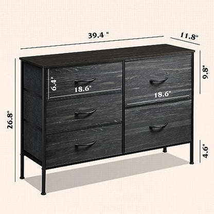 WLIVE Black Dresser for Bedroom, 5 Fabric Chest of Drawers | Black 5-drawer wide fabric dresser with steel frame, modern storage for bedroom living room home closet