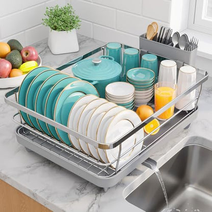 Dish Drying Rack - Stainless Steel Dish Rack with Drainboard for Kitchen Counter and Sink, 15.6" D x 12" W x 5" H, Sliver