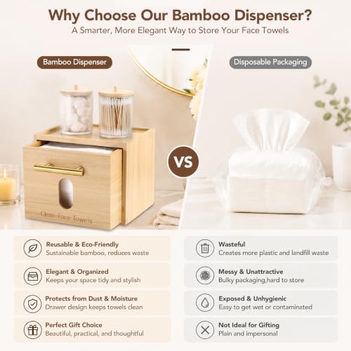 Bamboo Face Towel Holder Set with 2 Cotton Jars & 60 XL Disposable Wipes | Space-Saving Vanity Organizer Box with Dust-Proof Dispensing Drawer for Facial Towelettes & Wipes, Ideal Skincare Gift