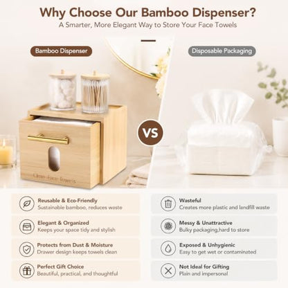 Bamboo Face Towel Holder Set with 2 Cotton Jars & 60 XL Disposable Wipes | Space-Saving Vanity Organizer Box with Dust-Proof Dispensing Drawer for Facial Towelettes & Wipes, Ideal Skincare Gift