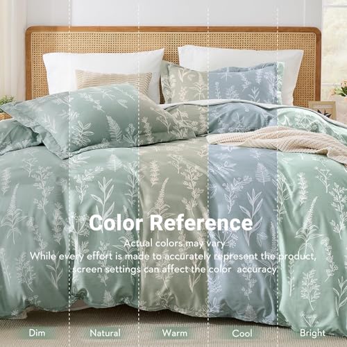 MUXHOMO Duvet Cover Queen Size, Reversible Floral Green Duvet Cover Set with Zipper Closure, 3 Pieces Botanical Patterns Soft Microfiber Bedding Set with 4 Ties (90"x90", 2 Pillow Cases)