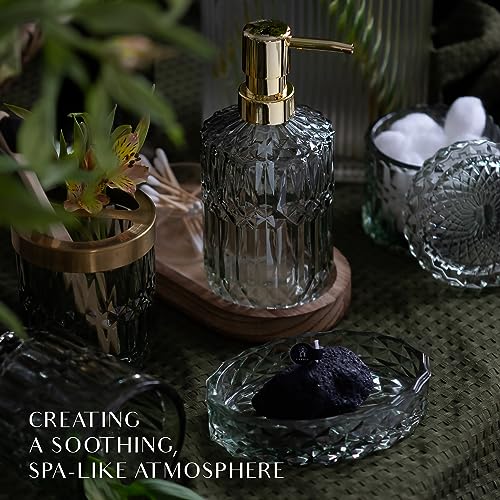 6PCS Bathroom Clear Glass Accessories Set (Lotion Soap Dispenser, Soap Dish, Toothbrush Holder, Tumbler, Cotton Swab Jar), Contemporary Modern Decor Crystal Vintage Gift (6pcs Green)