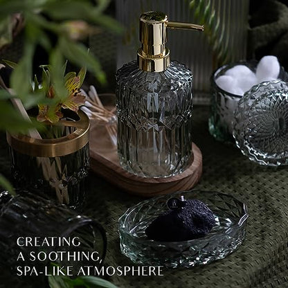 6PCS Bathroom Clear Glass Accessories Set (Lotion Soap Dispenser, Soap Dish, Toothbrush Holder, Tumbler, Cotton Swab Jar), Contemporary Modern Decor Crystal Vintage Gift (6pcs Green)