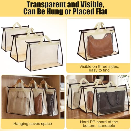 MAQUITA 12 Pack Clear Handbag Storage Organizer, Anti-dust Purse Storage Bags with Zipper and Handle Moisture Proof Dust Cover Organizer Bags for Closet Hanging, 3 Assorted Sizes