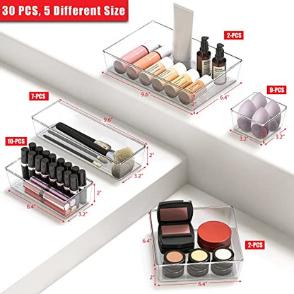 Simple Houseware 30 PCS Clear Plastic Drawer Organizers Set, 5-Size | for Makeup, Bathroom, Bedroom and Office