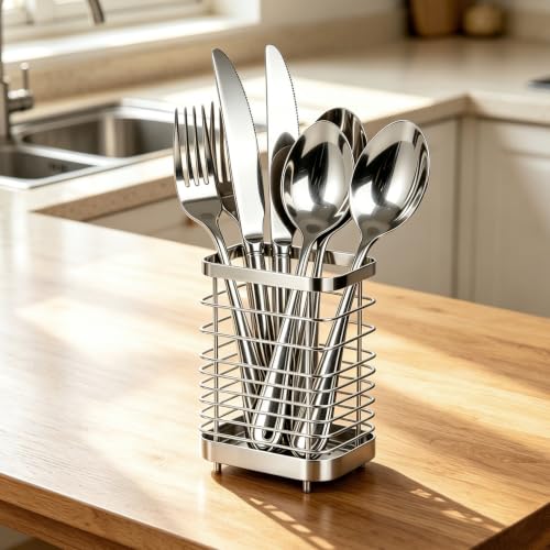 Utensil Holder, Stainless Steel Utensil Drying Rack for Kitchen Counter | Sturdy, Drain Hole, Silverware, Cutlery, Flatware, Forks, Knives, Spoons, Chopsticks, Organizer