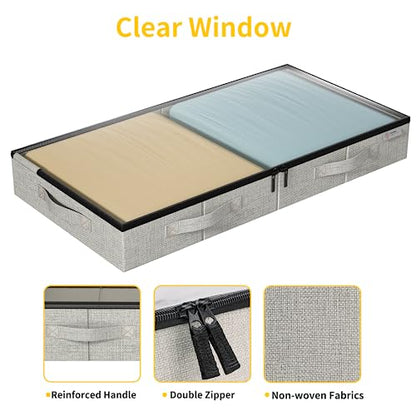 4.5 Inches Under Bed Storage Containers with Sturdy Sidewalls/Bottom and Reinforced Handles，Low Profile Underbed Storage for Clothes,Shoes,Pillows and Blankets with Zips and Clear Windows,4 Pack