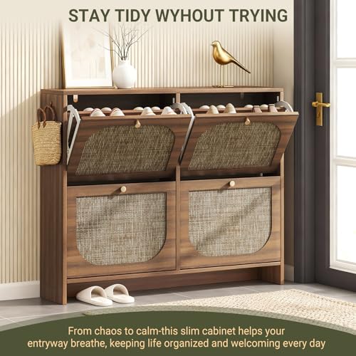 Freestanding Ultra Slim Arched Accent Entryway Shoe Storage - 4 Flip Drawers & 3-Tier Adjustable Shelves, Modern Slim Shoe Cabinet for Hallway, Foyer (flip Down Shoe Cabinet | Amber Oak)