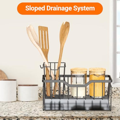 Sponge Holder for Kitchen Sink, Stainless Sink Caddy Organizer | Rustproof Kitchen Sink Organizers with High Brush Holder & Self Drain Tray, Anti-Slip Kitchen Countertop Storage Essentials