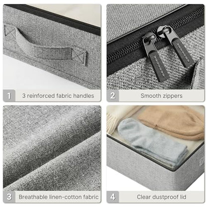 2-Pack Under Bed Storage Containers, 4.5 Inches Tall Clothes Storage, Grey | Low Profile Collapsible Underbed Organizer Bin with Sturdy Sidewalls/Bottom, Cotton-linen, For Seasonal Clothes & Bedding