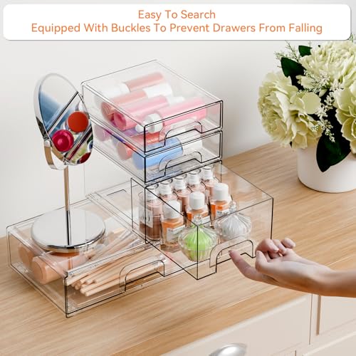 4 Pack Clear Stackable Storage Drawers,Pull-Out Medicine Cabinet Organizer and Containers,Large Acrylic Organizers Drawers and Bathroom Closet Organizers for Hair Accessories,Makeup Organizer