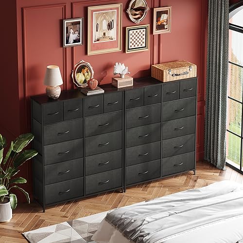 WLIVE 12 Drawer Tall Black Fabric Dresser Bedroom Storage Chestl | Black tall 12-drawer fabric dresser with wood top, modern storage tower for bedroom home office closet living room