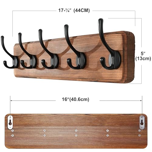 SKOLOO Rustic Wall Mounted Coat Rack with 16 Inch Mounting Hole Distance, Pine Solid Wood Coat Hook Hanger - 5 Hooks for Hanging Clothes Robes Towels Coats