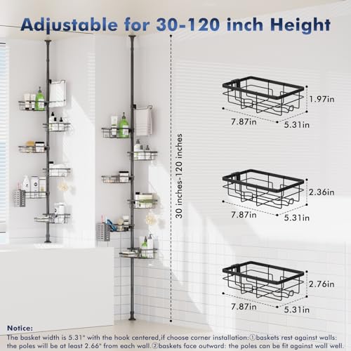 Shower Caddy Organizer Tension Pole, Corner Shower Shelves Bathroom Storage | 6 Tier Shelf, Rustproof 30-120’’ Adjustable, Towel Bar&Soap Dish for Bathroom Organizers, Shower Rack for Inside Shower,Black