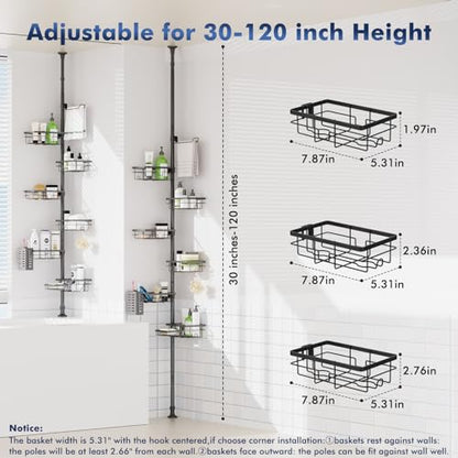 Shower Caddy Organizer Tension Pole, Corner Shower Shelves Bathroom Storage | 6 Tier Shelf, Rustproof 30-120’’ Adjustable, Towel Bar&Soap Dish for Bathroom Organizers, Shower Rack for Inside Shower,Black