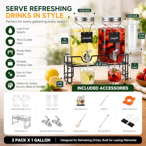 2 PCS 1 Gallon Glass Drink Dispensers for Parties with Stand & Fruit Infuser，Beverage Dispenser for Lemonade, Water, Juice, Iced Tea & Cocktail, Laundry Detergent Dispenser