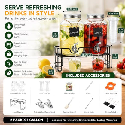 2 PCS 1 Gallon Glass Drink Dispensers for Parties with Stand & Fruit Infuser，Beverage Dispenser for Lemonade, Water, Juice, Iced Tea & Cocktail, Laundry Detergent Dispenser
