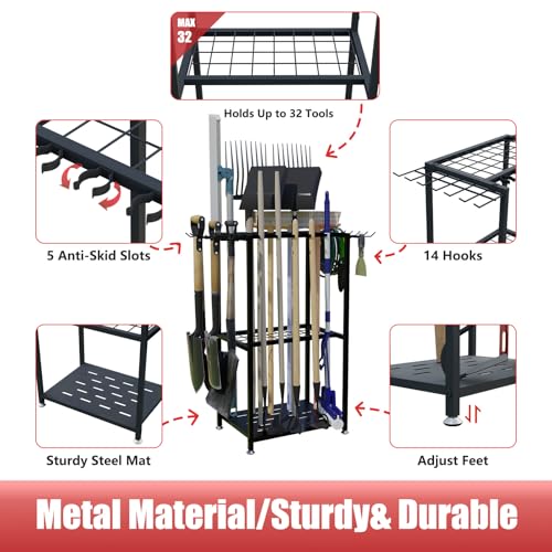 Garden Tool Organizer, 3-Tier Metal Yard Tool Rack with 14 Hooks & 5 Slots, Holds 50+ Rakes/Shovels/Brooms, Heavy Duty Freestanding Lawn Tool Storage for Garage Shed Outdoor Organization