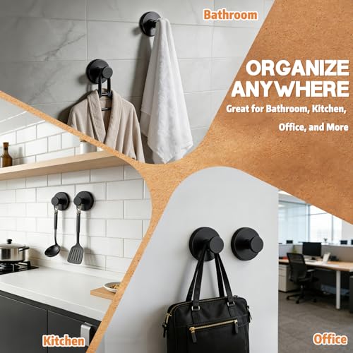 2026 Upgraded Drill-Free Suction Cup Hooks, Stainless Steel Shower Hooks for Bathroom, Glass, Mirror & Wall, Heavy Duty Towel Holder, Removable Waterproof Hooks(2BLACK)